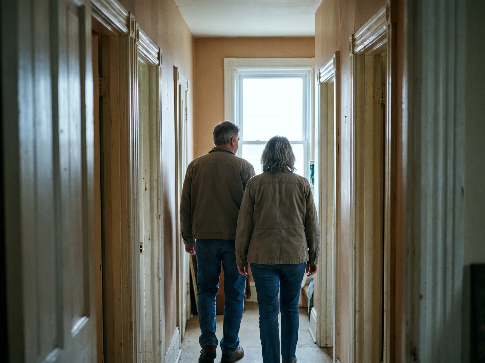 Two adults in their fifties, seen from behind, walk side by side down a narrow hallway lined with painted doorframes toward a bright window.
