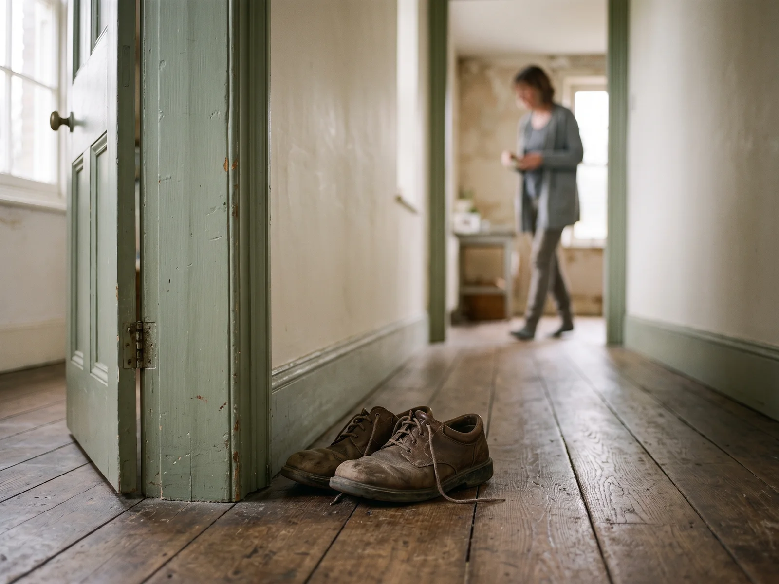 A pair of worn walking shoes on a wooden floor beside a sage-green door jamb, with a woman in a cardigan crossing the room beyond in morning light.