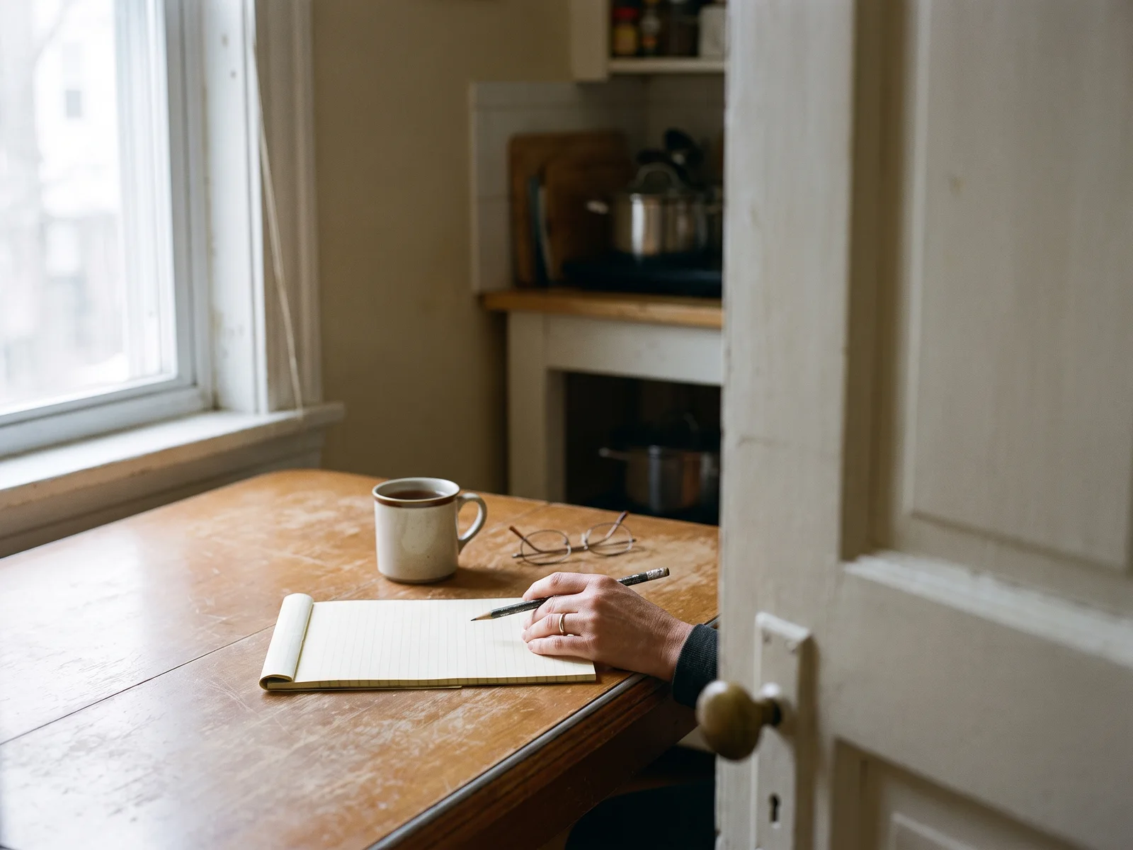 A hand holds a pencil beside a blank notepad on a worn wooden kitchen table, with a mug of tea and reading glasses, seen past a half-open white door.