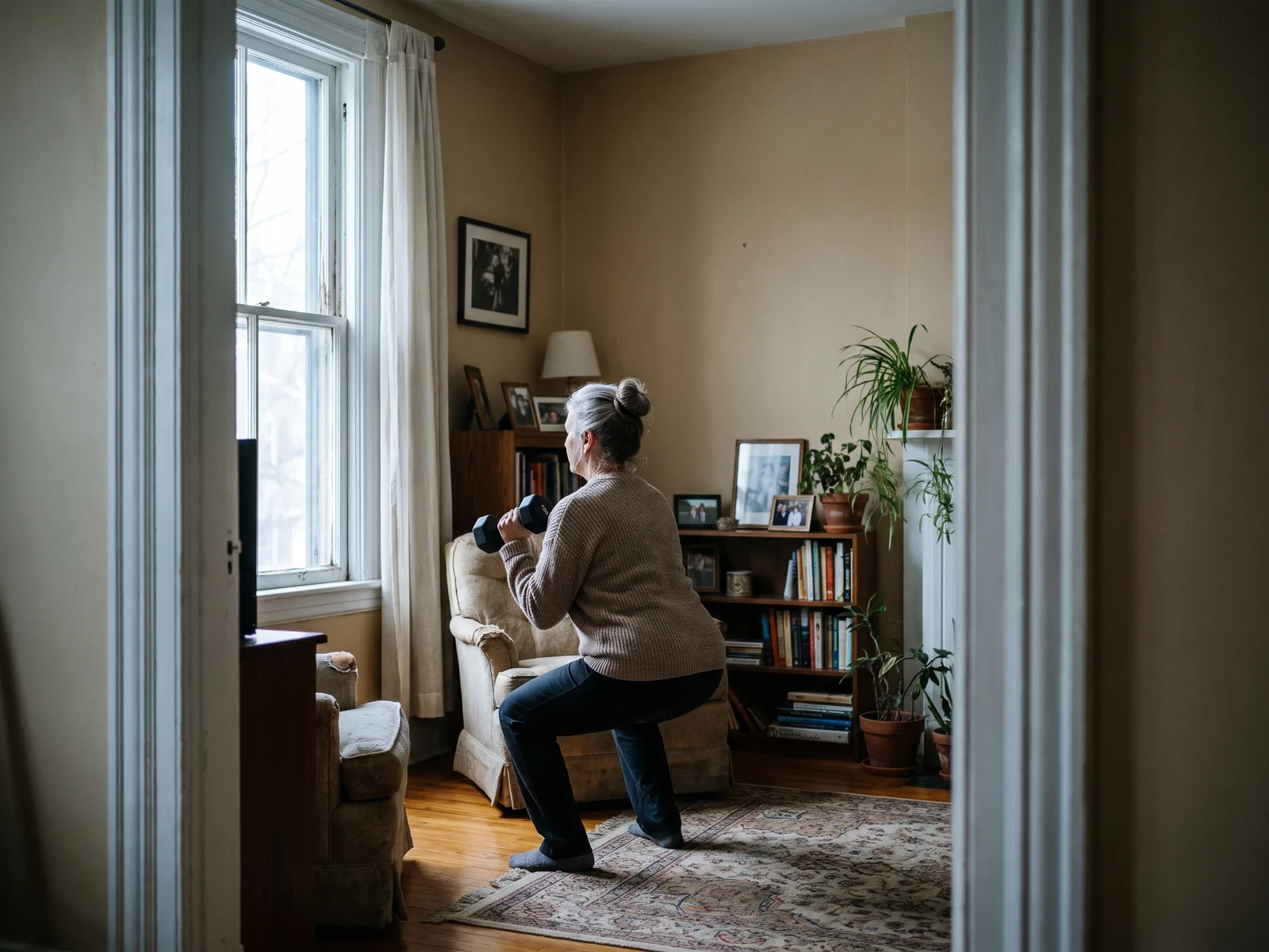 Seen through a doorway, a woman in her early sixties with gray hair does a slow squat holding one dumbbell in a living room beside a tall window, an armchair and bookshelves behind her.