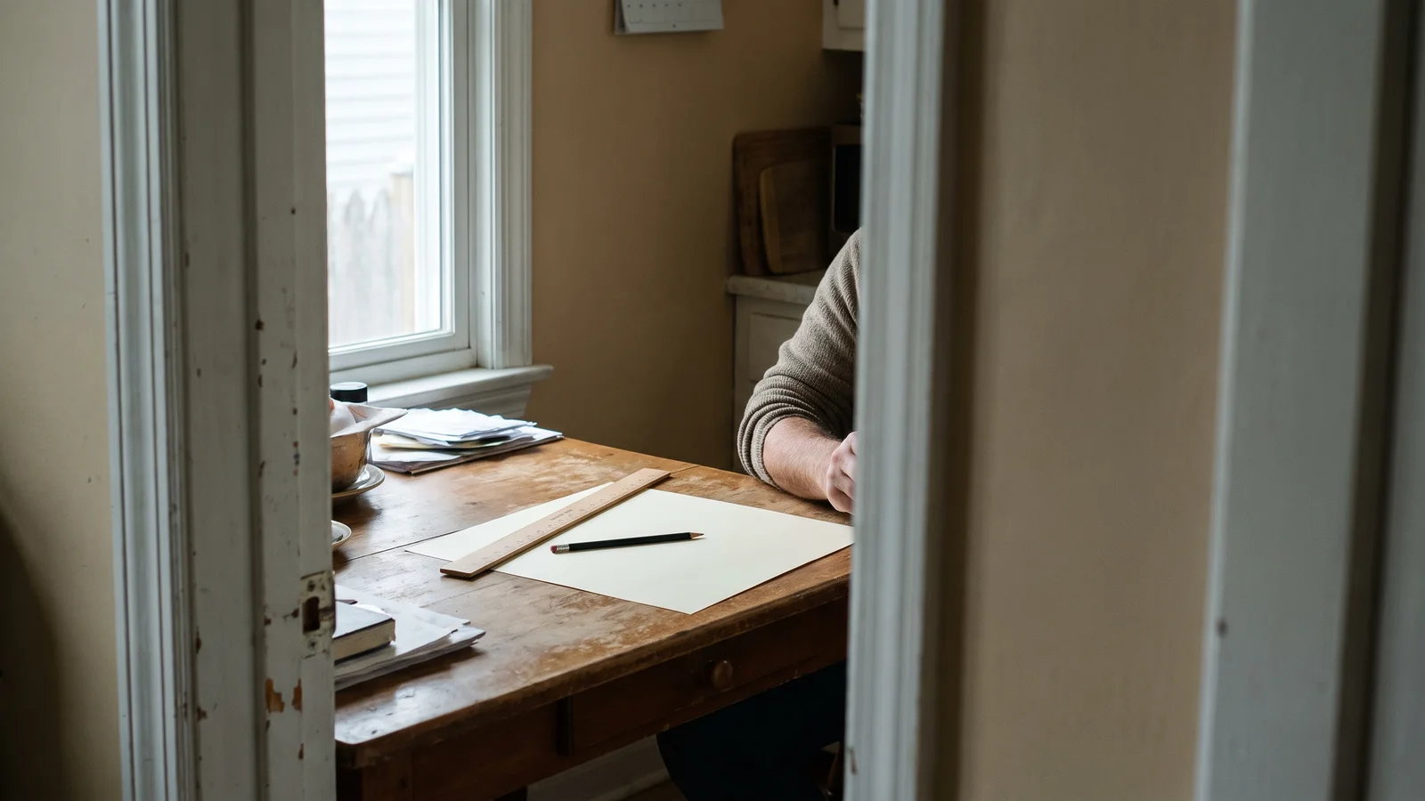 Seen past a painted doorframe, a ruler and a pencil lie on a sheet of paper on a wooden desk by a window, a person seated at the edge of the frame.
