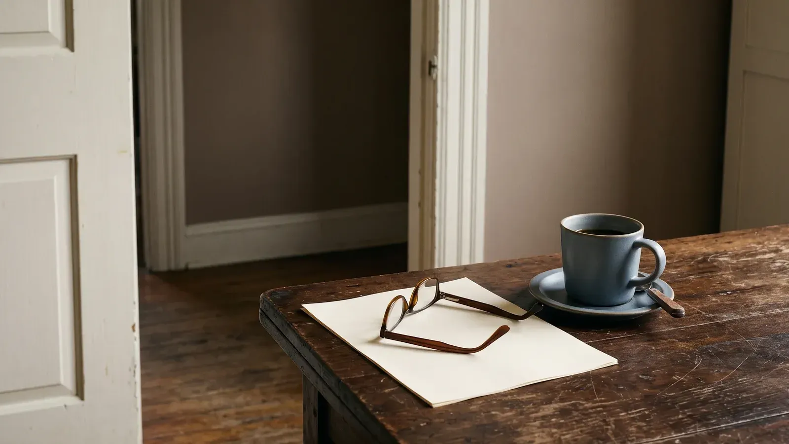 A pair of reading glasses rests on a sheet of paper beside a cup of coffee on a dark wooden table, with an open doorway behind.