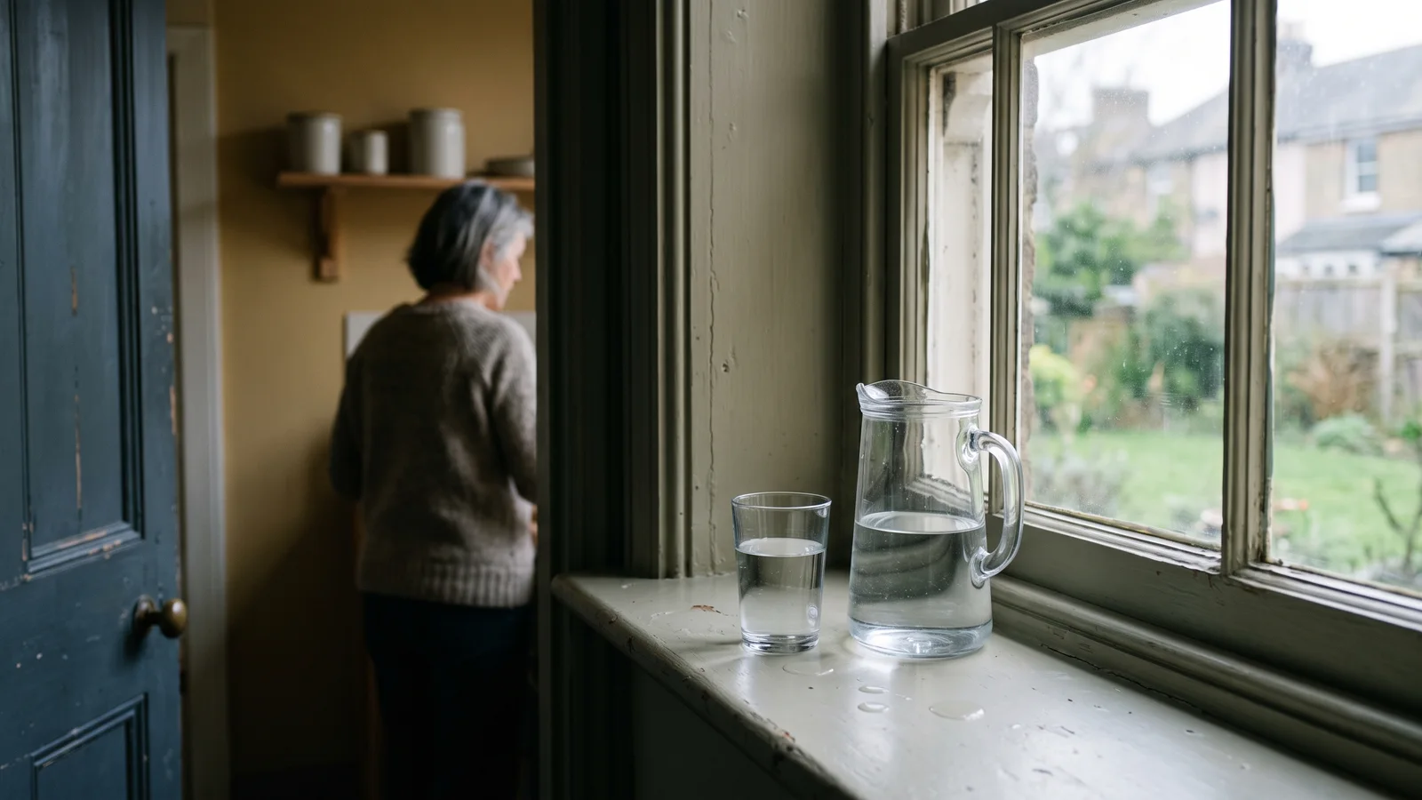A glass of water and a glass pitcher on a painted windowsill in morning light; past a dark blue door, a woman stands at a shelf with her back turned.