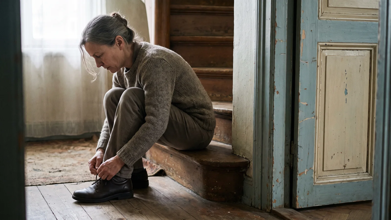 A woman in her fifties with gray hair sits on a low wooden stair, seen from the side, lacing a walking shoe beside a painted door.
