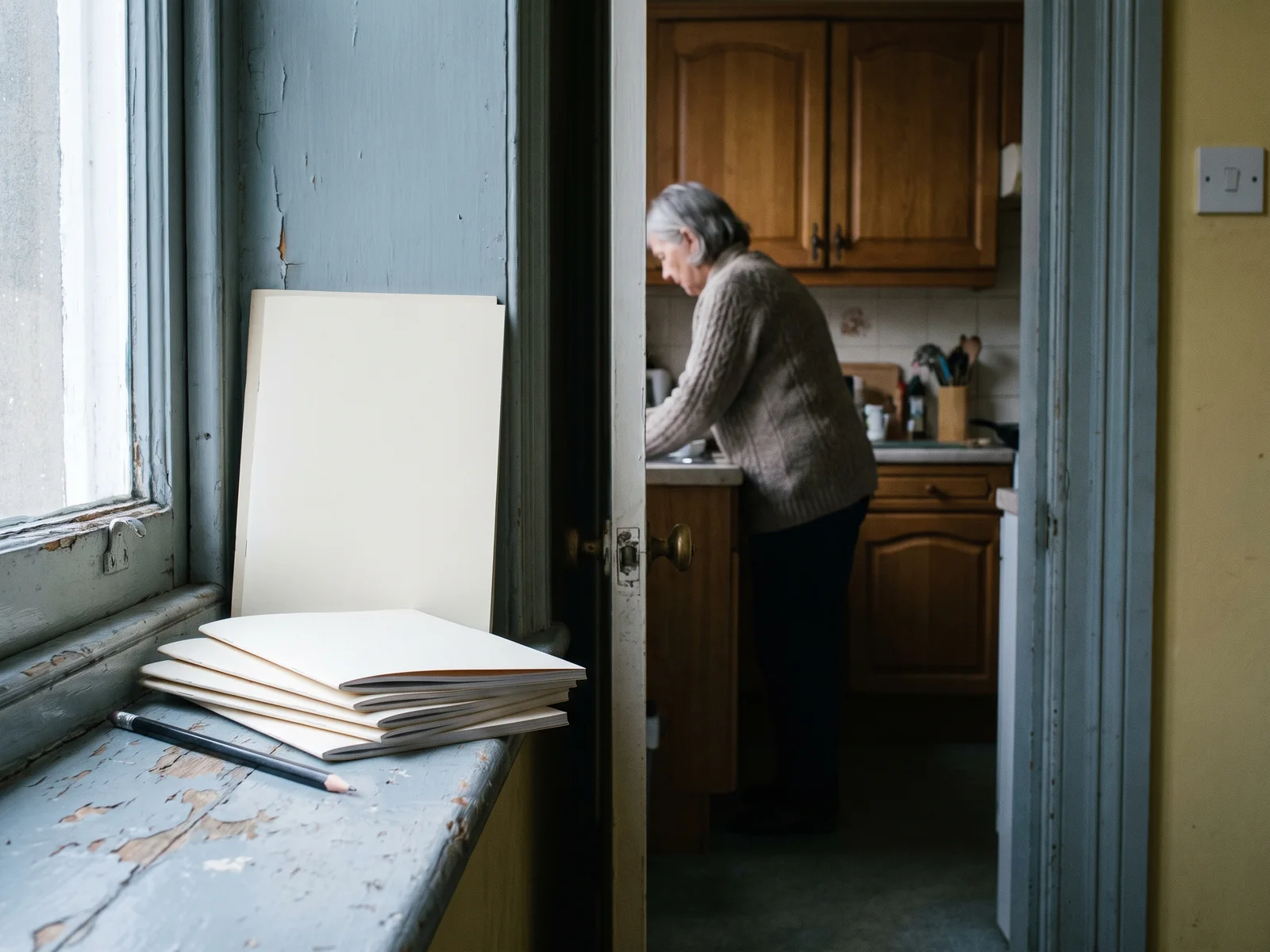 A stack of plain booklets and a pencil on a worn blue windowsill; through the open door beside it, a woman with gray hair stands at a kitchen counter with her back turned.