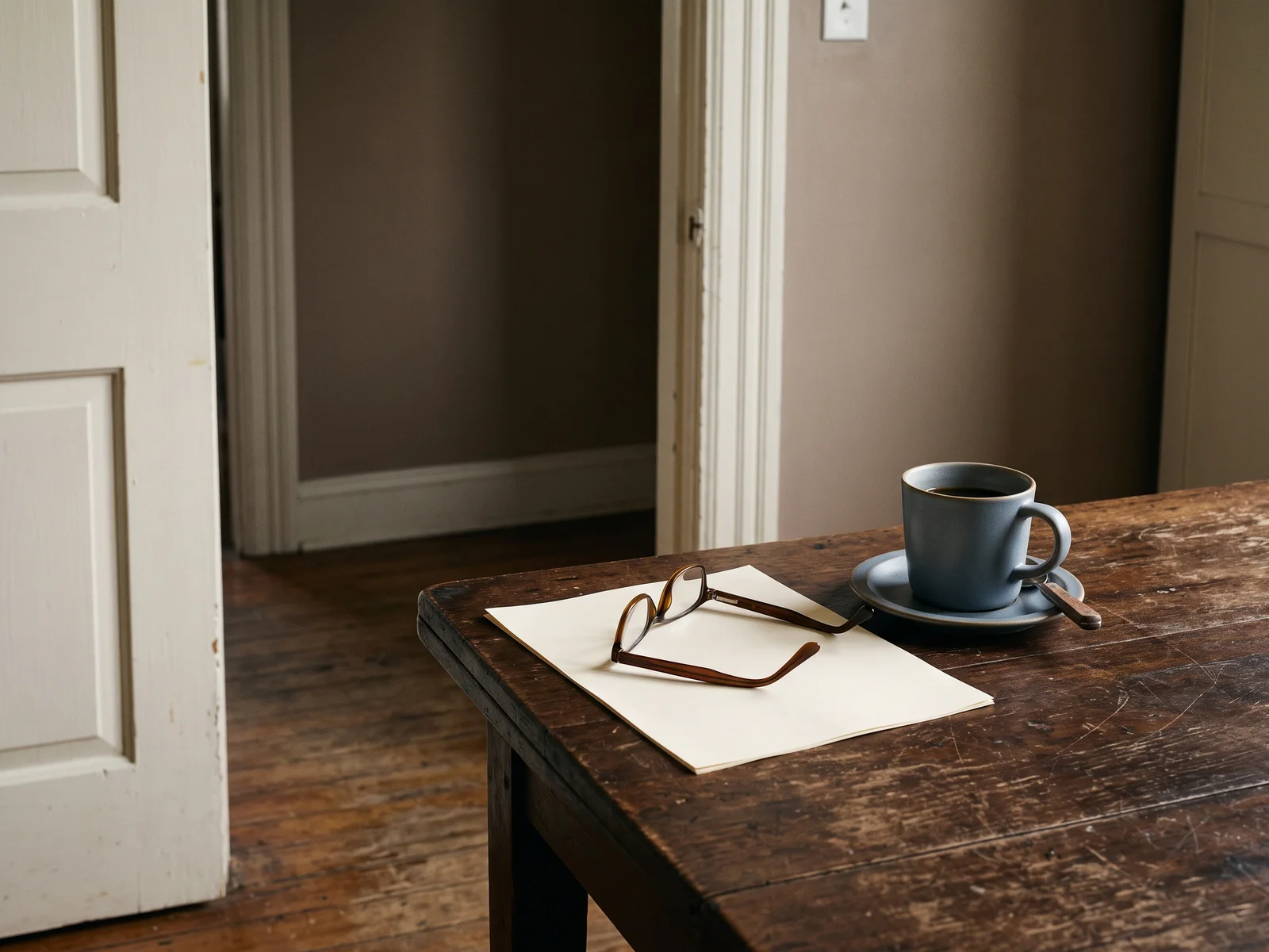 A printed sheet lies face down under folded reading glasses on a dark wooden table beside a cup of coffee, with an open doorway beyond.
